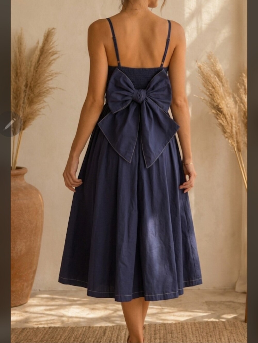 Navy Blue Organic Cotton Midi Dress With Thick Tie-Waist Summer Old Money - Picture 2 of 8